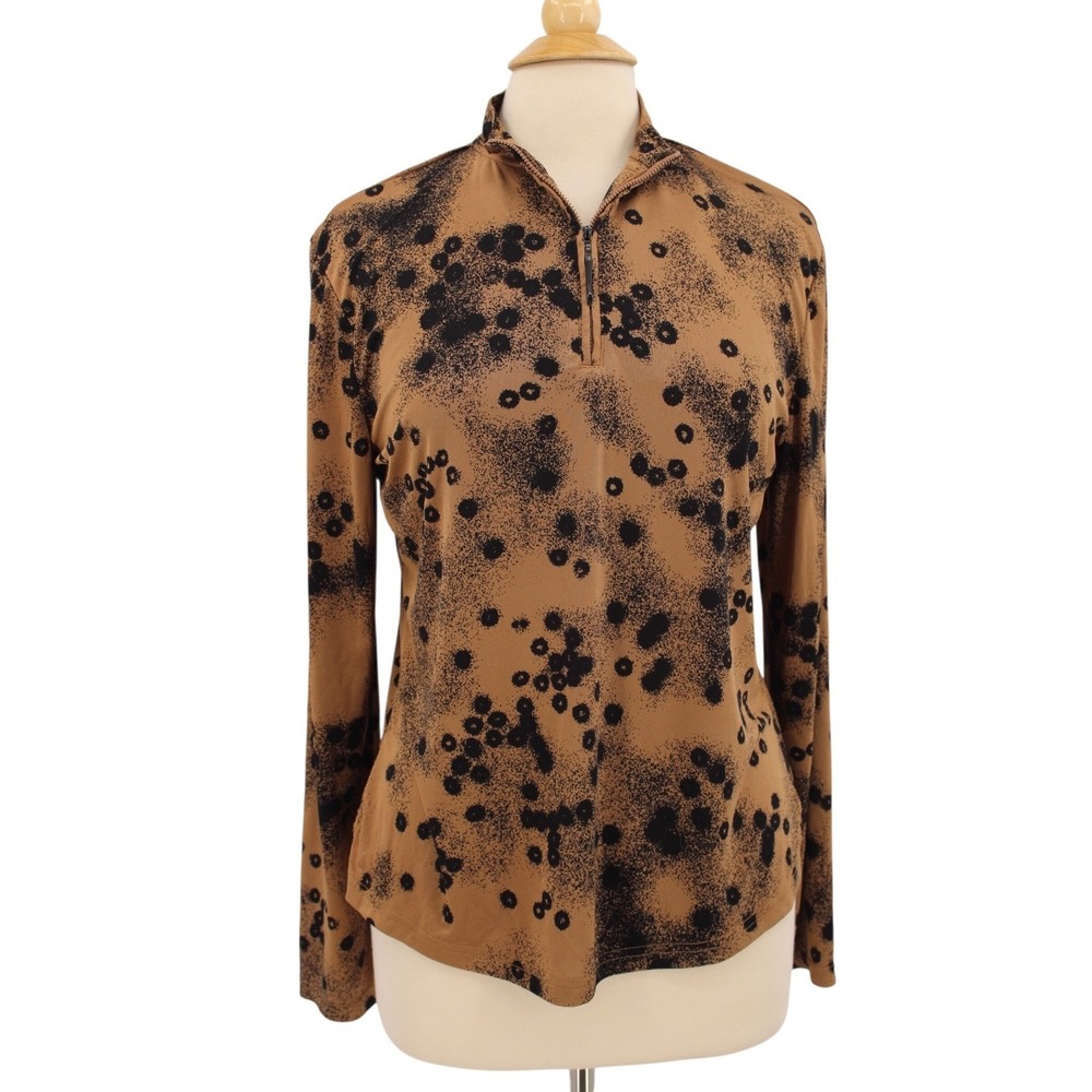 San Soleil 1/4 Zip Top Large Brown Polka Dot Long Sleeve Pullover Golf‎